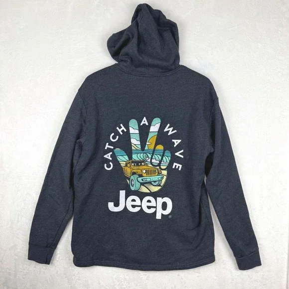 Jeep Hoodie Catch A Wave Graphic Logo Spell out Heather Navy Large - Picture 8 of 10